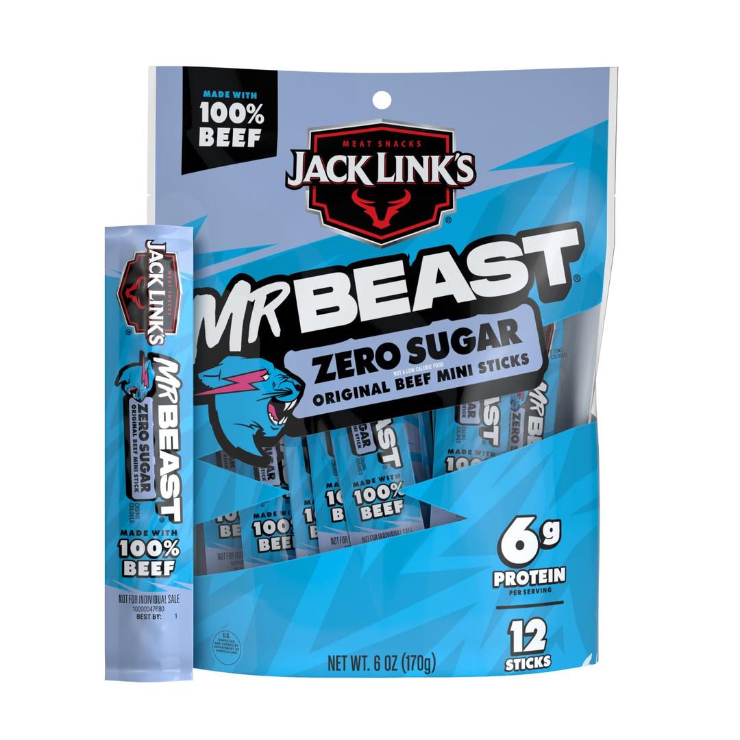 Jack Links x MrBeast Zero Sugar Mini Beef Sticks  6g Protein per 2 Individually-Wrapped Meat Sticks, Made with 100% Real Beef, Perfect for School Lunches, Kids Snacks, 12 Count of 6 oz Sticks