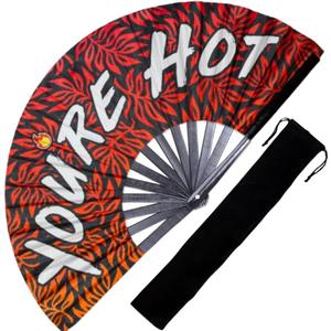 Decorative Rave Hand Fan  Large Folding Fans for Festivals, Drag Queen & Burlesque  Cute Holographic Rave Accessories for Women and Men (You're Hot)
