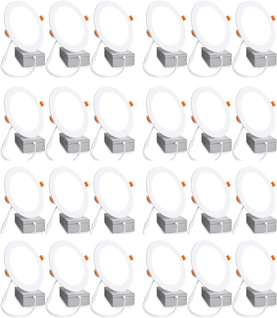 24 Pack 6 Inch 6000K Daylight Ultra-Thin LED Recessed Ceiling Light with Junction Box, 1080LM Brightness, LED Lights Canless Wafer Downlight 12W 110W Eqv Can-Killer Downlight. (White)