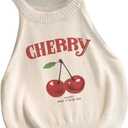 WDIRARA Women's Cherry Letter Print Crop Sweater Knit Tank Tops Crew Neck Sleeveless Pullovers (XS)