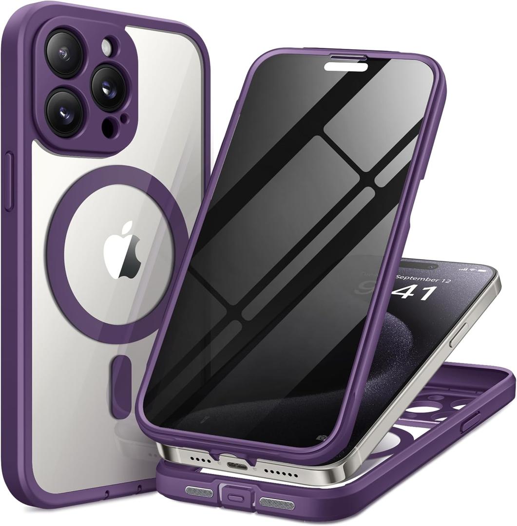 for iPhone 15 Pro Max Case, Compatible with MagSafe, Built-in Privacy Screen Protector and Camera Protection, Anti Spy Full Body Dustproof Shockproof Hard Phone Case 6.7", Purple