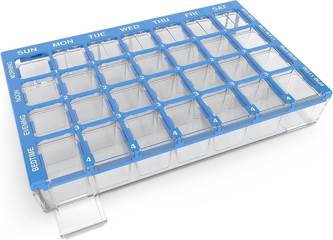 EZY DOSE Weekly (7-Day) Pill Organizer, Vitamin and Medicine Box, Medium Compartments with Easy Fill Tray, 4 Times a Day, Clear Lids, BPA Free