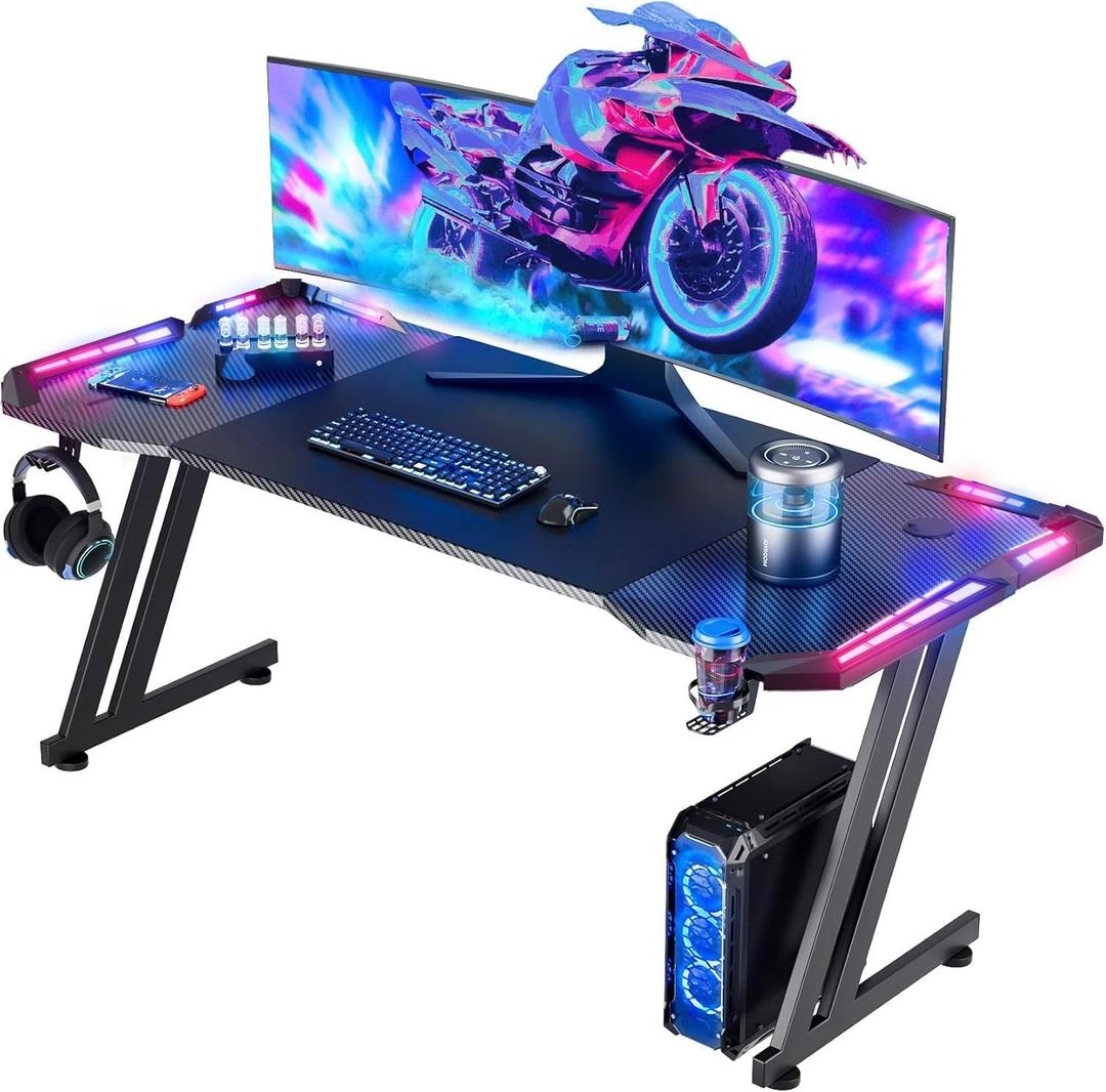 HLDIRECT 63 Inch Gaming Desk Z Shaped Carbon Fiber Computer Desk with LED, 63 INCH BLACK