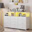 Unionly 55W 10-Drawers Dresser with 2 Open Storage Shelves, TV Stand Dresser for 55,65 inch TVwith Power Outlets and LED Lights, Fabric Dressers Drawers for Bedroom, Living Room (White), 11.8"D x 55.1"W x 35.4"H