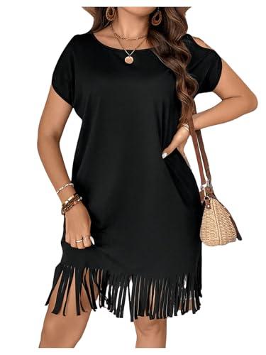 WDIRARA Women's Plus Size Round Neck Short Sleeve Fringe Hem Dress Casual Dresses Black 3XL 