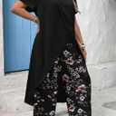 Womens 2 Piece Outfits High-Low Hem Long Sleeve Top Elastic Waist Floral Wide Leg Pants Sets, 0X