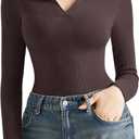 SUUKSESS Women Long Sleeve Ribbed V Neck Polo Shirts Collared Business Casual Slim Fitted Tops for Office Work (Small, Dark Brown)