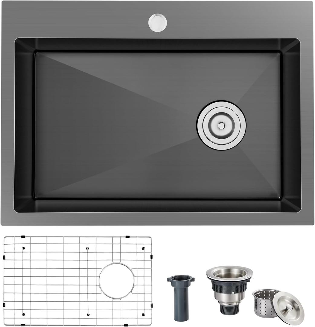 25x18x9 Inch Kitchen Sink, Handmade 304 Black Stainless Steel Single Bowl, Centre-Offset Drain, R10 Tight Corner, Drop in Kitchen Sink with Strainer & Bottom Grid