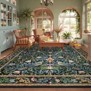 Beeiva Vintage Bird 8x10 Washable Rugs for Living Room, Botanical Non Slip Soft Large Carpet for Bedroom, Stain Resistant Dining Room Rugs for Under Table Playroom (Dark Green/Navy Blue)