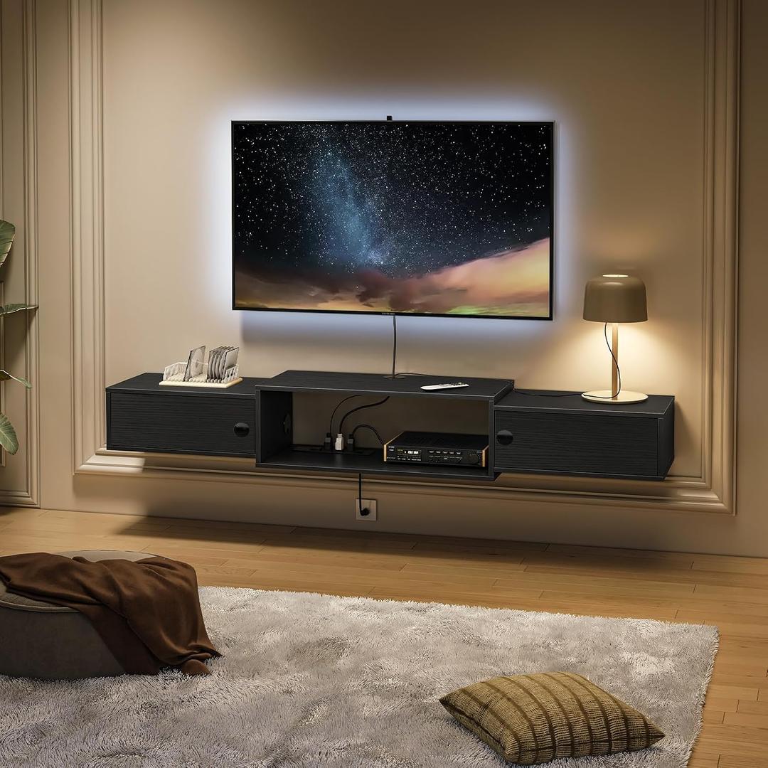 HOOBRO 55" Floating TV Stand with Power Outlets, Modern Wall Mounted Media Console Shelf with Doors, Entertainment Center for Under TV Storage, for Living Room, Bedroom, Black BK11UDS01, 140 x 28 x 20 cm
