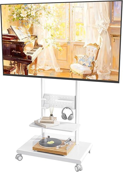 Rolling TV Stand with Versatile Storage Pegboard for 37-75 inch TVs up to 154lbs, Height Adjustable Mobile TV Stand with Storage Shelves, Tilt Swivel TV Cart Max VESA 600x400mm, White