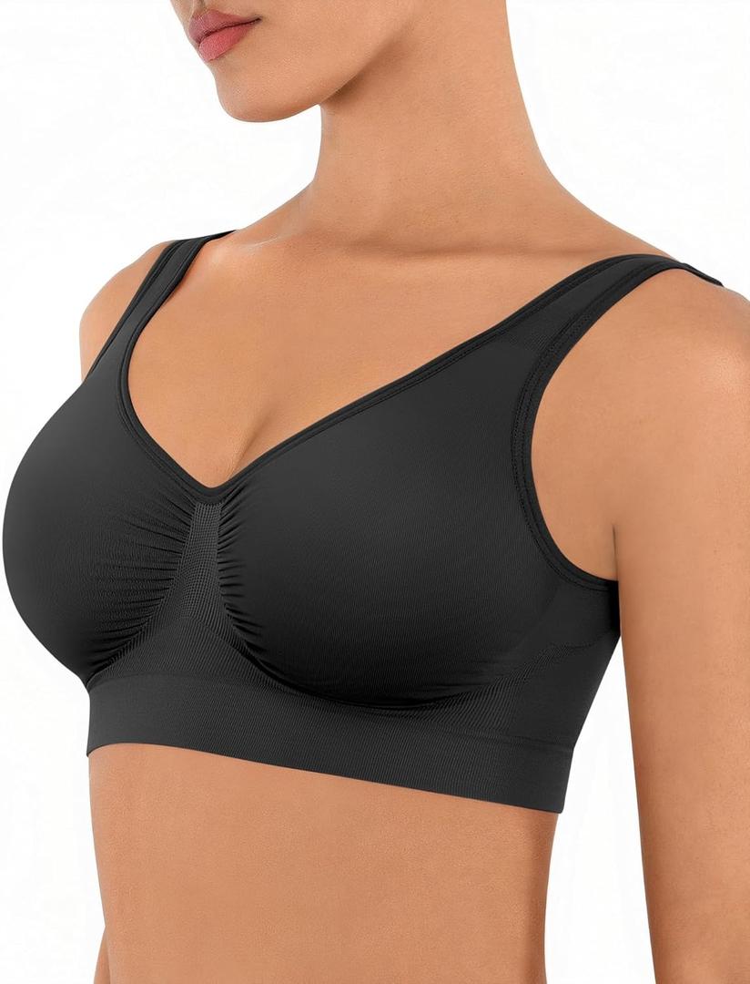 FeelinGirl Bras for Women No Underwire Seamless Smooth Bralette Full Coverage Comfy Everyday Bras with Wide Straps (X-Large, Black)