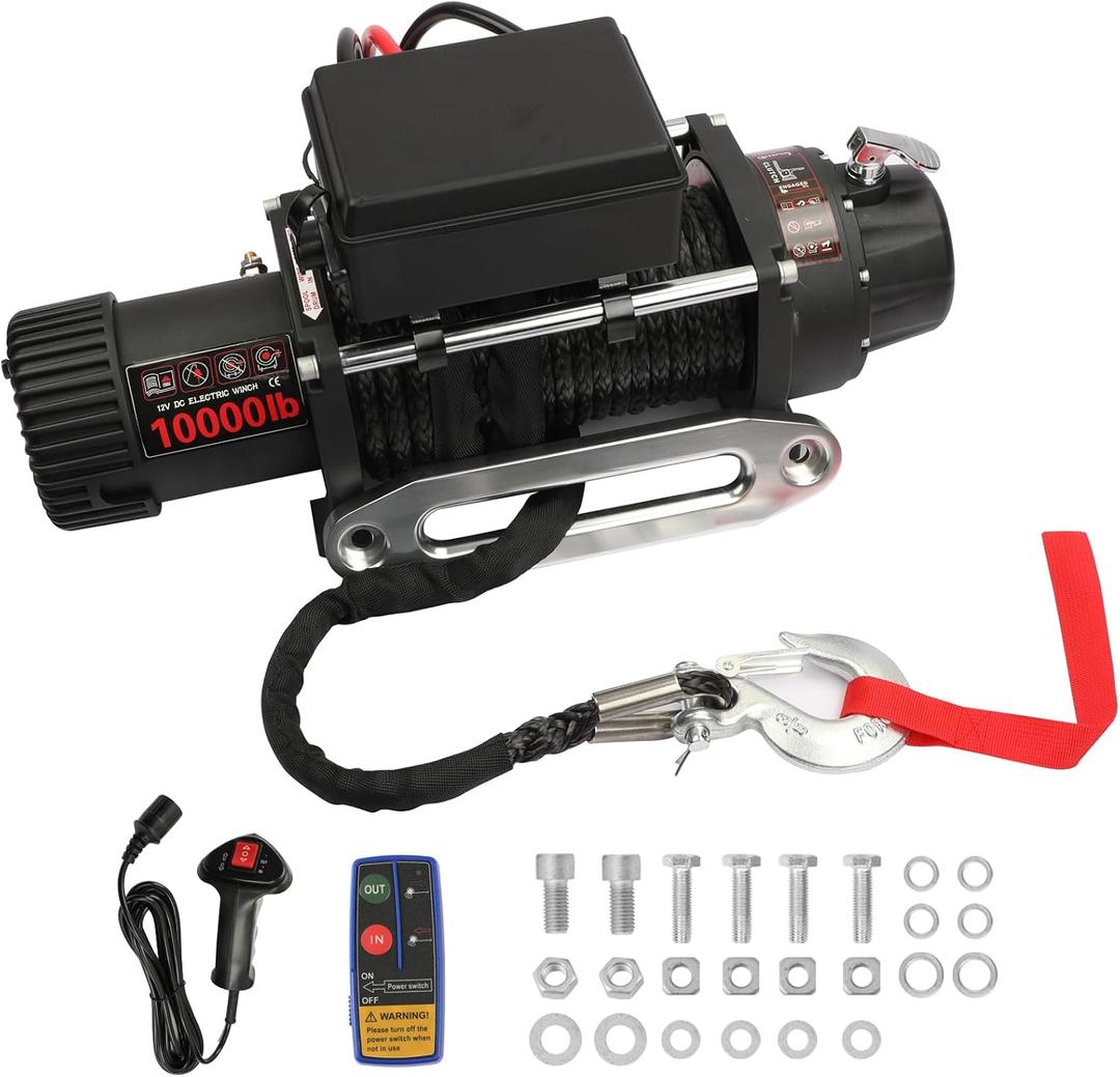 10000LB Electric Winch 12V Series Wound Motor Synthetic Rope Wired & Wireless Remote Control Waterproof Trailer Winch for Jeep Off Road SUV Truck Boat