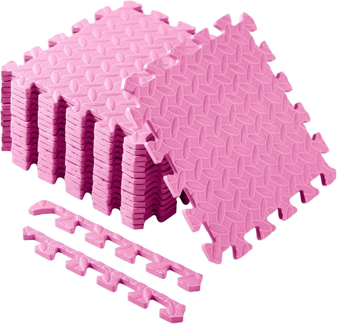 Shihanee Foam Floor Tiles Foam Floor Mats Play Mats Bulk with Borders Interlocking for Bedroom Gym Nursery(16ft, Light Pink)