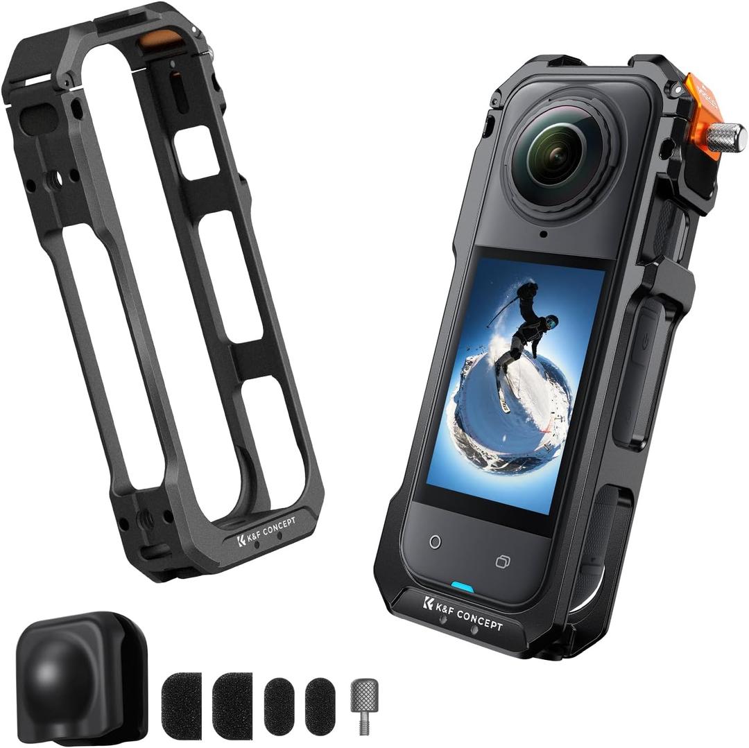 K&F Concept Standard Camera Cage Compatible with Insta360 X5, Aluminum Alloy Protective Frame Case with Silicone Lens Cover |1/4" Screw Hole | 2 Cold Shoe Mounts for Microphone and LED Video Light