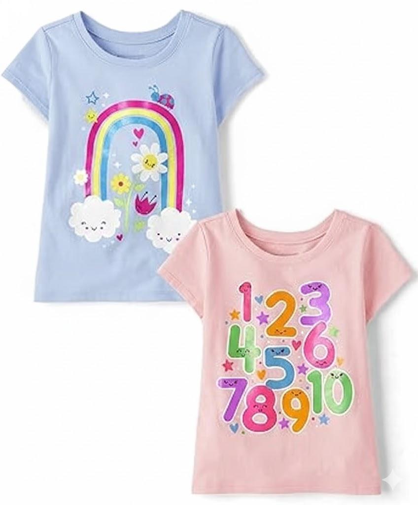 The Children's Place,And Toddler Girls Short Sleeve Graphic T-shirt 2-pack,Baby-Girls,Alaphabet/Numbers/Over the Rainbow,12-18 Months