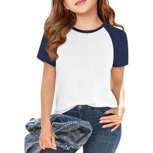 Imily Bela Kids Girls T Shirts Casual Raglan Short Sleeve Crewneck Color Block Summer Tees 5-14 Years