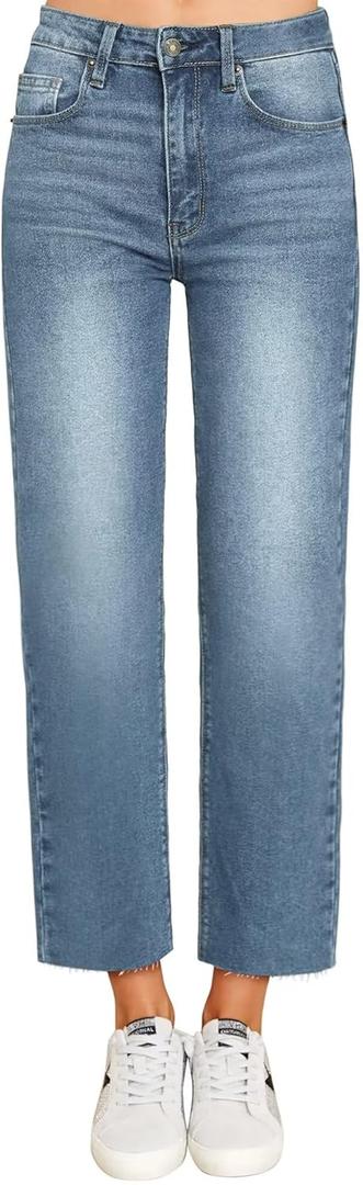 KDF Women's Cropped Straight Leg Jeans - High Waisted Jeans for Women 7/8 Length Denim Pants with Crop Hem (14, #0922_light Blue(frayed Raw Hems)), Size: 14