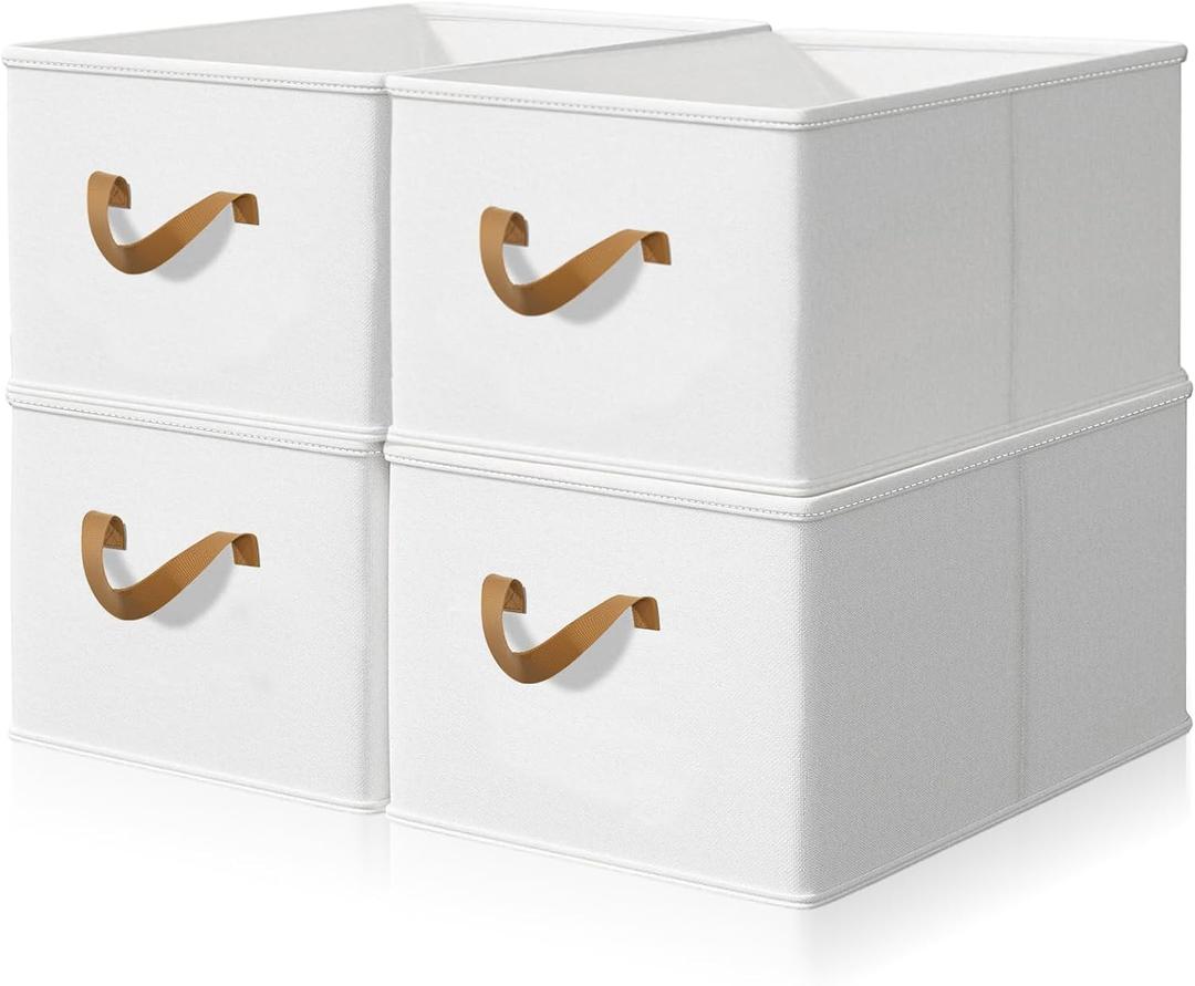 Crenailro Closet Storage Bins, Open Front Fabric Closet Organizer for Closet Shelves, Stackable & Foldable Clothing Storage Boxes with Handles, 18.5" 11" 7.9", 4 Pack (Linen)