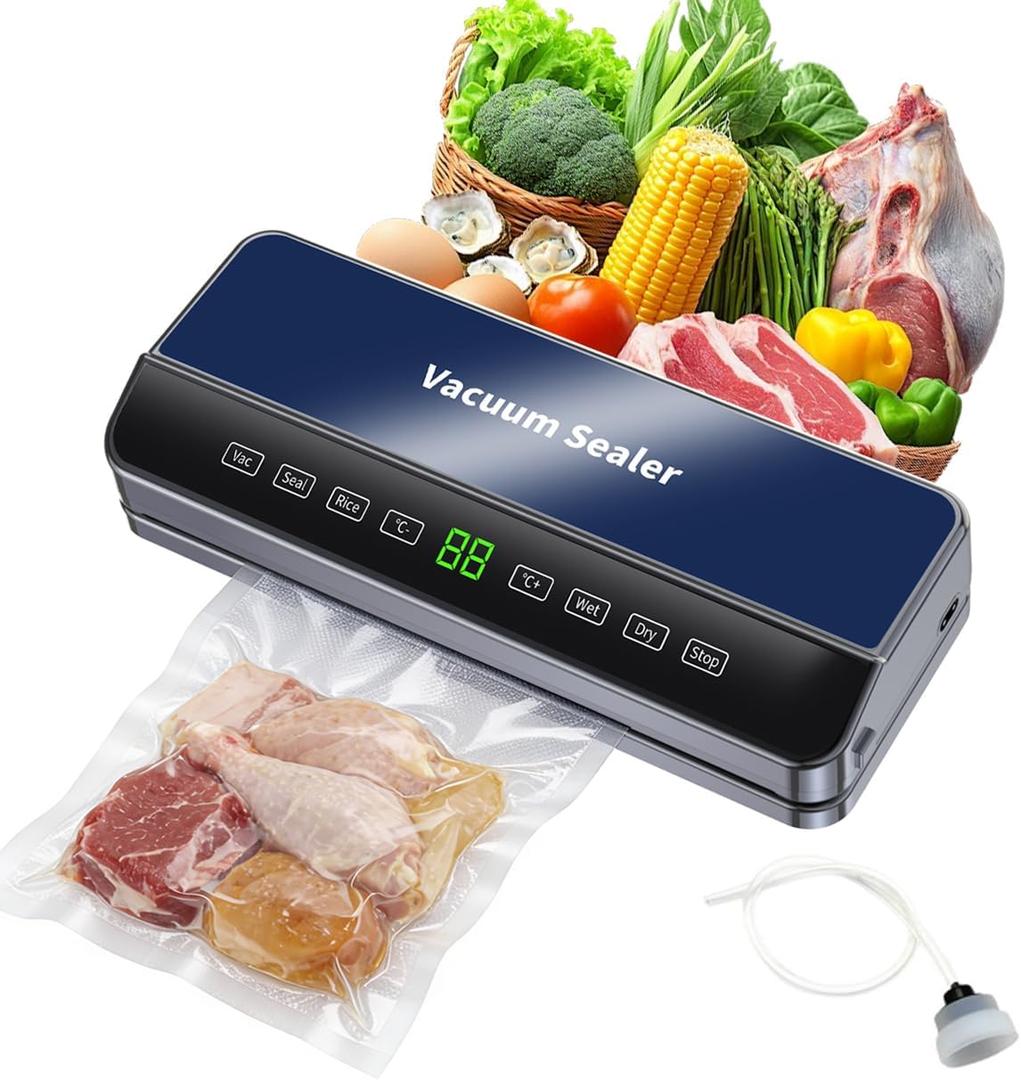 Food Vacuum Sealer Machine, 9-Level Temp Control & Built-in Cutter, Dry/Wet Stops Freezer Burn, Seals Meat/Leftovers/Sous Vide, Compact Home Kitchen (Black/Blue)