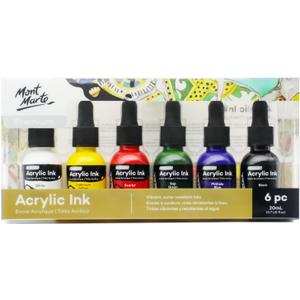 Mont Marte Acrylic Ink Premium 6pc x 20ml (0.7 US fl.oz), Acrylic Inks for Artists, Essential Colors, Ideal for Air Brush, Pouring Art, Scrapbooking, Ink Drawing, Mixed Media