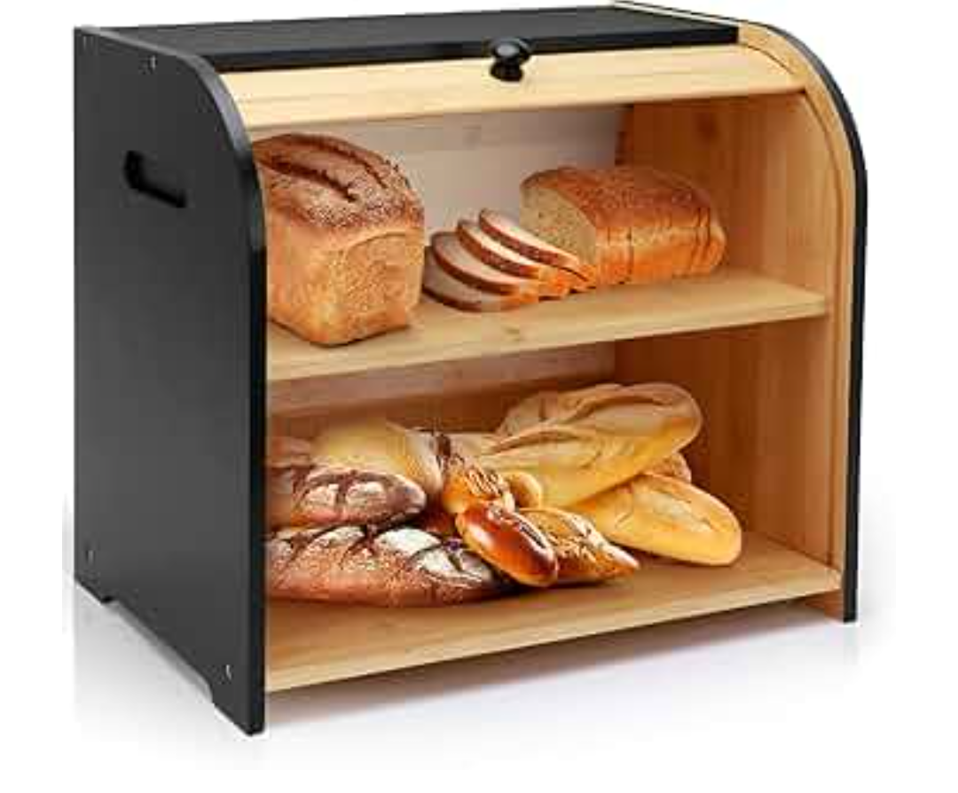 Thalomely Bread Box for Kitchen Countertop, Double Layer Bamboo Bread Storage Container for Homemade Bread, Roll Top Bread Box with 3 Adjustable Height for Kitchen Counter, Black Breadbox Organizer