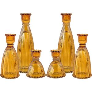 Denique Colored Vertical Stripe Candlestick Holders, Glass Candle Holder Set of 6, Candlestick Holders for Taper Candles, Tealight Candle Holders for Table Centerpieces Home Decor (Amber)