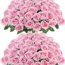 Sggvecsy 50 Pcs Artificial Roses Fake Flowers Velvet Silk Roses with Stems Bulk Realistic Faux Flowers for Bridal Bouquets Wedding Centerpieces Valentines Day DIY Home Party Decor (Pink)