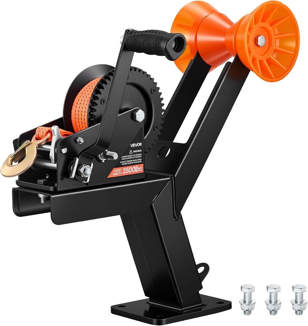 VEVOR Boat Trailer Winch Stand with Roller, 3500 lbs, 20ft Orange Polyester Strap, Boat Winch Mount, for 2-3 Inches W x 3-4 Inches H Trailer Tongue, Fit for Jet Ski, Sailboat, Speedboat