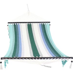 Sunnydaze Woven Double Hammock for Outside with Crocheted Edges and Spreader Bars - 600-Pound Weight Capacity Outdoor Hammock for Trees - Lagoon Stripes