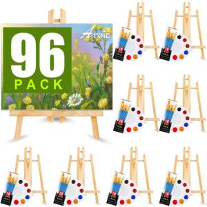 AROIC 96 PCS Painting Supplies Set with Easels, 8 PCS Wood Easels, 8 Packs of 80 Brushes with Nylon Brush Head and 8 PCS Palettes, Tabletop Wooden Art Easel for Kids & Adults Sip and Paint Party