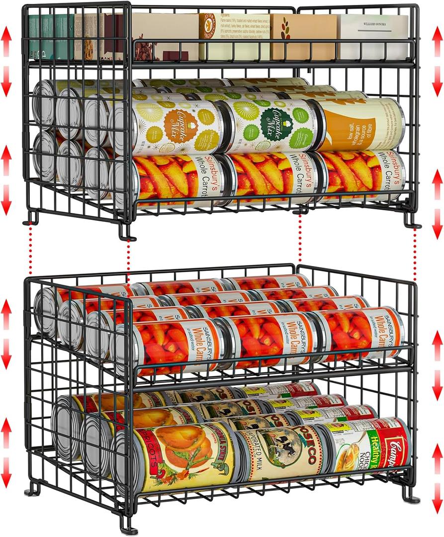 JKsmart 2-Pack Stackable Can Rack Organizer, Can Storage for Kitchen Pantry Cabinet, Can Holders for Food, Multifunctional Can Dispenser for Snacks Soda (Black)