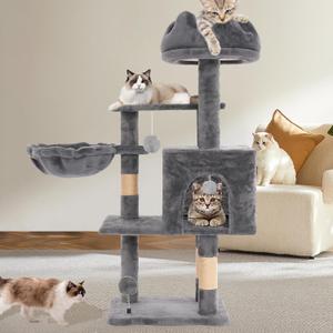 Cat Tree Tower with Metal Frame Hammock, 40'' Cat Trees for Indoor Cats Large Adult, Cat Towers with Scratching Post, Cats Condo Furniture with Cloud Top Perch, Cats Climbing Tower for Kittens(Grey)