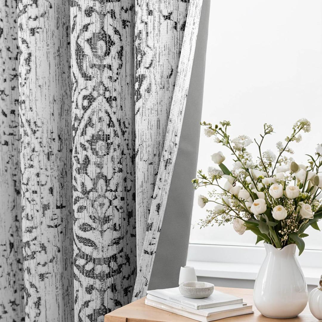 Patterned Curtains for Living Room 84 Inches Long, 100% Blackout Room Darkening Damask Modern Stylish Gray and White Geometric Moroccan Curtains for Bedroom 84 Inch Length 2 Panels Set, Black and Grey