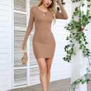 VICHYIE Women Square Neck Ribbed Bodycon Tight Dress Long Sleeve Mid Thigh Pencil Above Knee Dresses (Beige, XL)