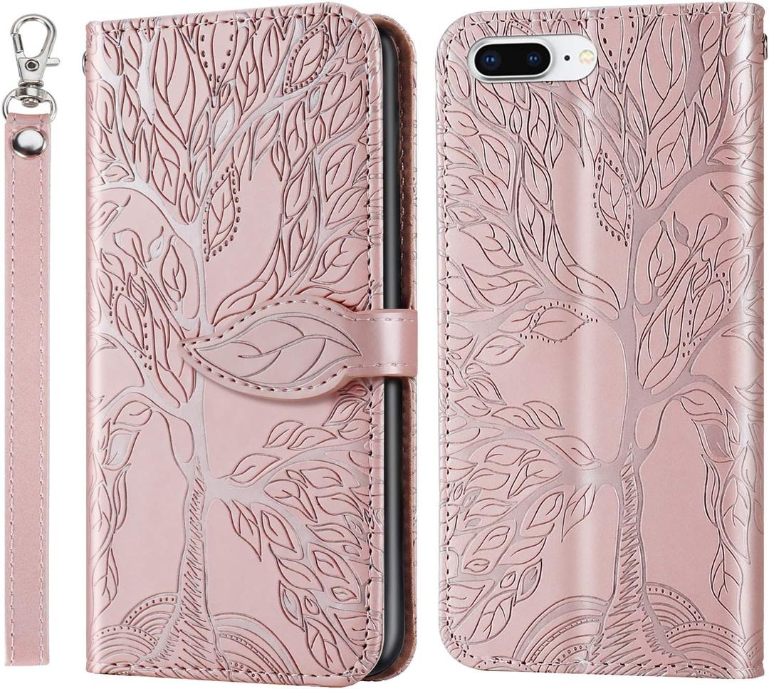 Wallet Case for iPhone 7 Plus/iPhone 8 Plus with Card Holder/Slot,PU Leather Flip Folio Shell [Magnetic Closure][Wrist Strap][Kickstand] Shockproof Cover Fit iPhone 7 Plus / 8 PlusRose Gold