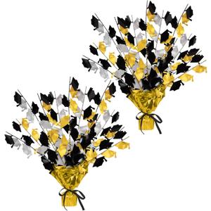 Beistle 2-Pack Metallic Gleam N Burst Centerpiece, Black/Gold/Silver Table Decor for Graduation Party with Mini Grad Caps, Tableware Decorations, 15"