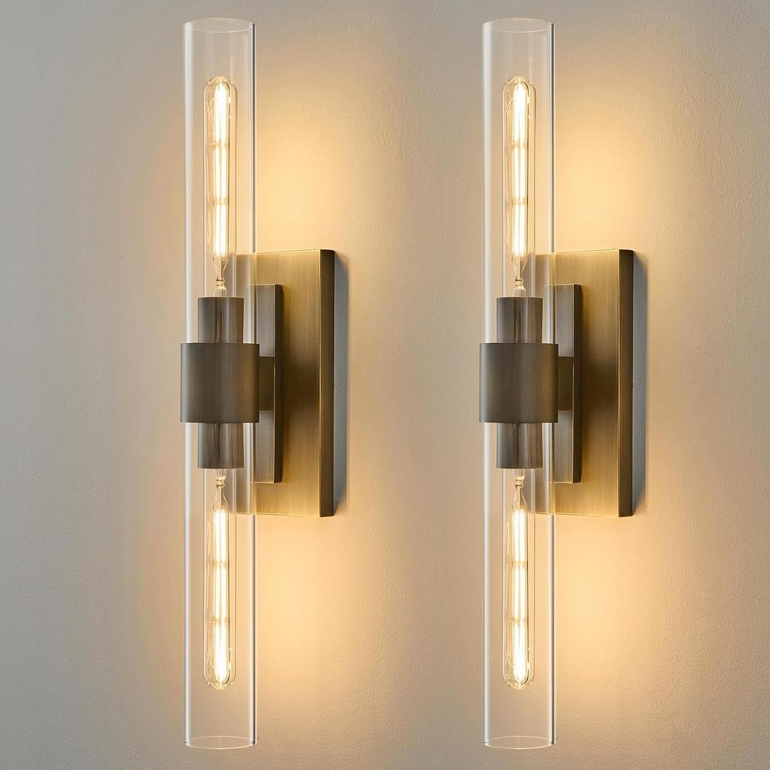 Linear Brass Bathroom Wall Sconce - Luxury Antique Brushed Gold Sconces Set of 2 - Dimmable Vanity Lights Fixture with Clear Glass Tube - Modern Lighting for Bedroom Living Room Hallway Indoor Decor, 2 Pack