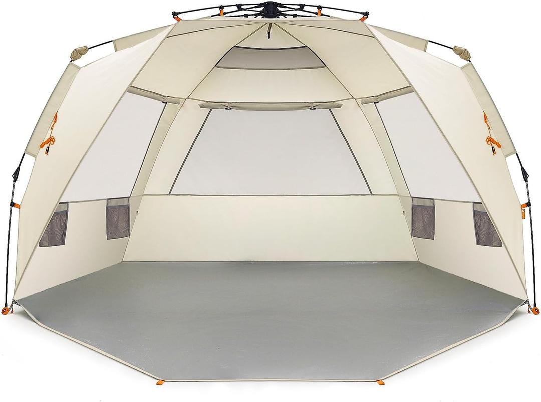 Easthills Outdoors Instant Shader Deluxe XL Beach Tent Easy Up 99" Wide for 4-6 Person Sun Shelter - Extended Zippered Porch Included Beige