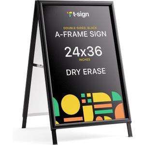T-SIGN Sidewalk Sign for Indoor & Outdoor Sign - Open Aluminum A Frame Sign Poster Board 24x36 Inches, White Dry Erase Surface - Heavy Duty Double Sided Sandwich Board, Street Advertising Sign Board,  Black - Premium Dry Erase Surface