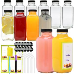 12 Pack 16oz Glass Juice Bottles with Lids, Reusable Clear Square Bottles for Juicing, Smoothies, Milk, Cold Brew, Water