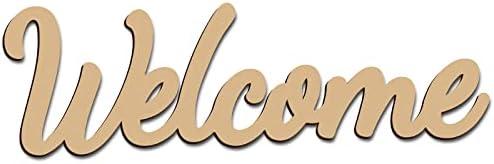 CREATCABIN Welcome Sign Welcome Wood Cutout Wooden Wall Decor Letters Laser Cut Art Unfinished Rustic Decorative DIY for Front Door Home Gallery Porch Coffee Bar Wreath Gift 11.8 x 2.4 Inch
