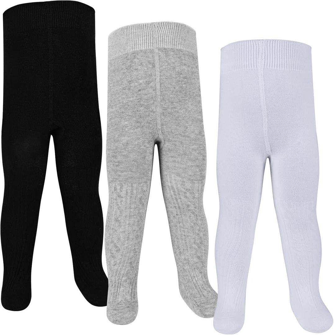 Baby Tights 0-4 Years Girls Knit Cotton Pantyhose Thick Cable for Newborn Infant Toddler 1/2/3/4 Pack (Black/White/Light Gray 3pk)