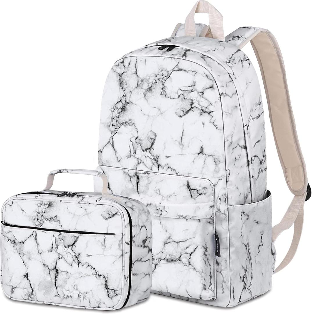 Airyard School Backpack for Girls, Water Resistant Bookbag for Teen Girls Womens Backpack with Lunch Bag (Marble White)