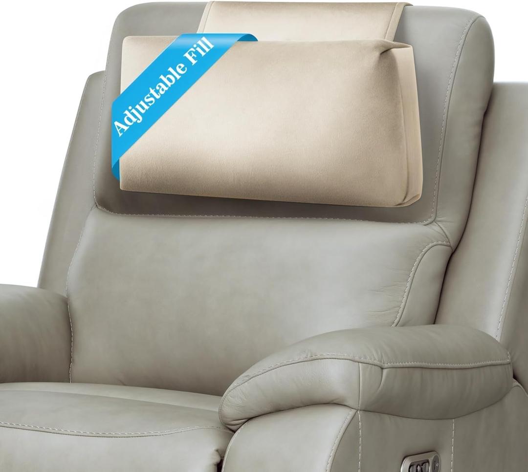 Recliner Headrest Pillow, Adjustable Comfort Neck & Head Support Pillow, Soft Velvet Non-Slip Headrest for Pain Relief & Relaxation, Ideal for Recliner, Couch, Chair, Sofa (Beige)