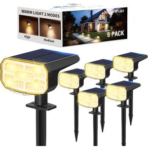 Solar Lights Outdoor Waterproof IP65, Super Bright LED, 3000K 2 Lighting Modes, Solar Powered Yard Garden Solar Spot Lights for Outside Landscape Auto On/Off -6 Pack