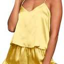 CHYRII Women's Sexy Silk Satin Ruffled Pajamas Sets Cami Shorts Sets Sleepwear XS