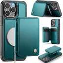 Compatible with Magsafe for iPhone 13 Pro Wallet Case Magnetic Card Holder, RFID Blocking 2 in 1 Detachable Kickstand Shockproof Case for Women Men, Bluish Green