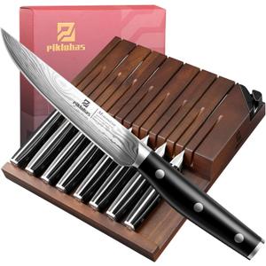 Steak Knives Set of 8 with Drawer Organizer Built-in Sharpener, 4.6 Inch Non Serrated Dinner Knife, Forged German Steel Damascus Pattern Straight Edge Meat Knife with Full Tang Handle, Black