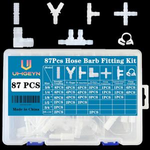 87Pcs Hose Barb Fitting Kit - 3/8, 1/8,1/4, 1/2, 3/4" with Straight, Y/T Tees,Barb Reducer,Barbed Splicer, for Aquarium Water Fuel Air Line Connector Fittings